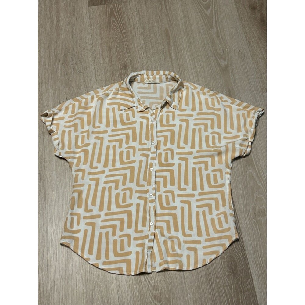 Sunburst Kiss Abstract Short Sleeve Button Front Blouse Sz Small